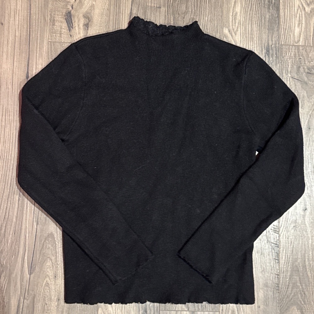 Black Mock Neck Lettuce Trim Ribbed Knit Sweater Long Sleeve‎ Top Size L YO205